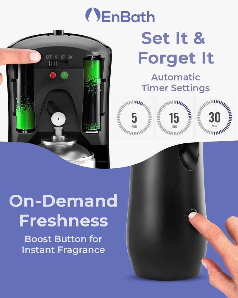EnBath Automatic Air Freshener Spray Dispenser, Black Wall Mounted or Free Standing Battery Operated Sprayer for Home or Commercial Use, 3 Auto Time Settings for Scent Release for Room/Bathroom Freshness - Image 3